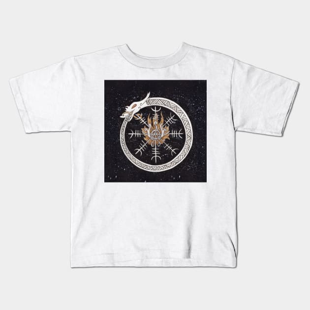 Loki Fire Aspect in the Circle of Jormungandr and the Helm of Awe. Victory and Sacrifice Symbols Kids T-Shirt by paintingbetweenbooks